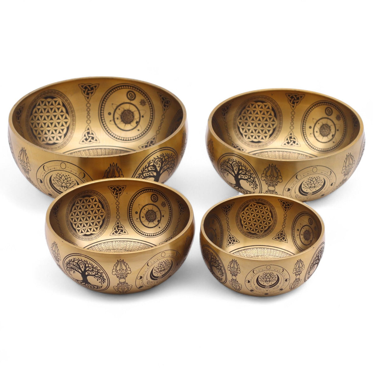 4er Set Gravierte Messing-Klangschalen – Buddha Motiv (ca. 3,85kg)