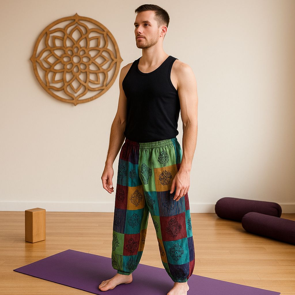 Ein Mann steht in einer gemütlichen Haremshose auf einer Yoga-Matte und bereitet sich auf seine Yoga-Session vor.
