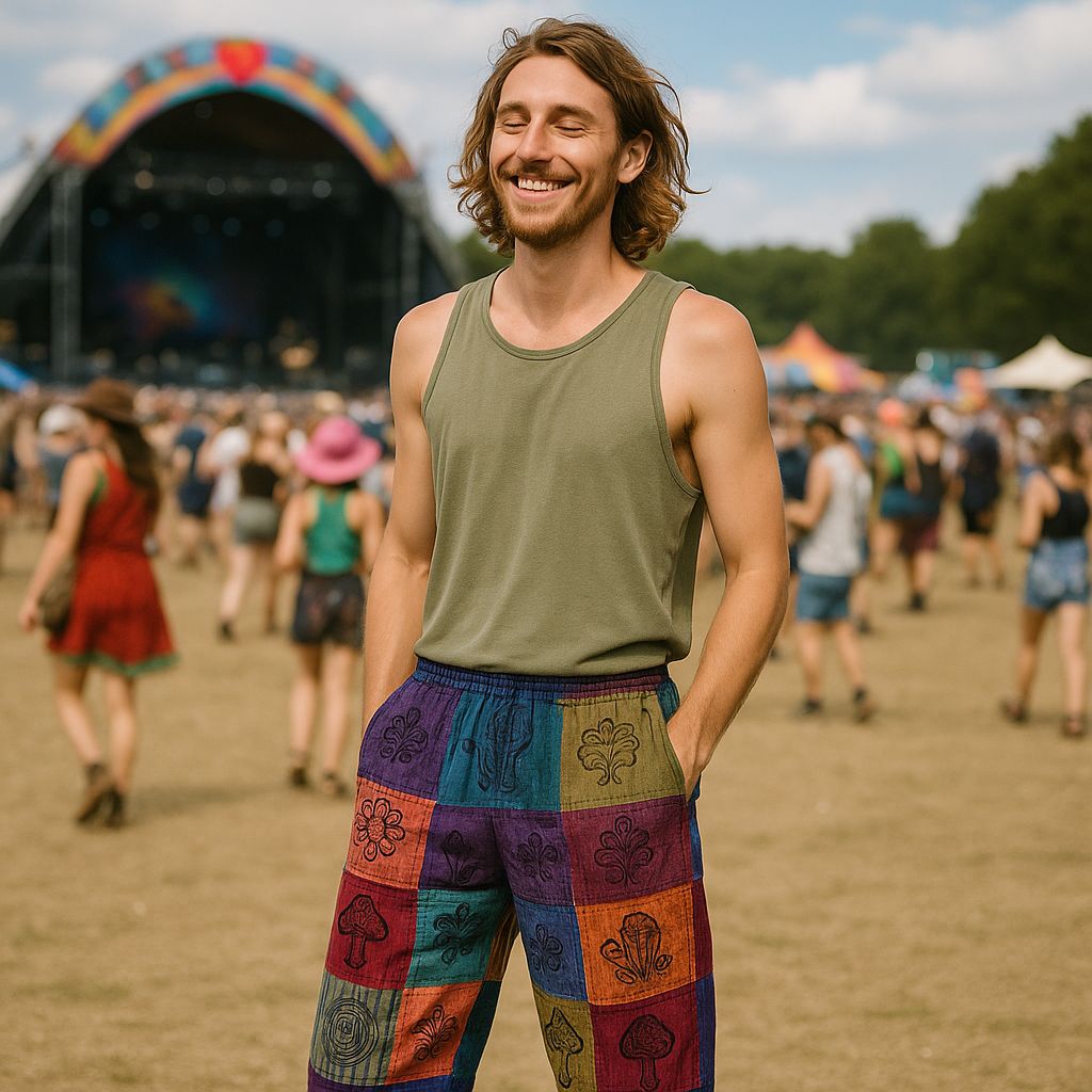 Ein lächelnder Mann im grünen Tanktop trägt die lockere Goa-Festivalhose mit buntem Patchwork-Muster auf einem sonnigen Open-Air-Festival.