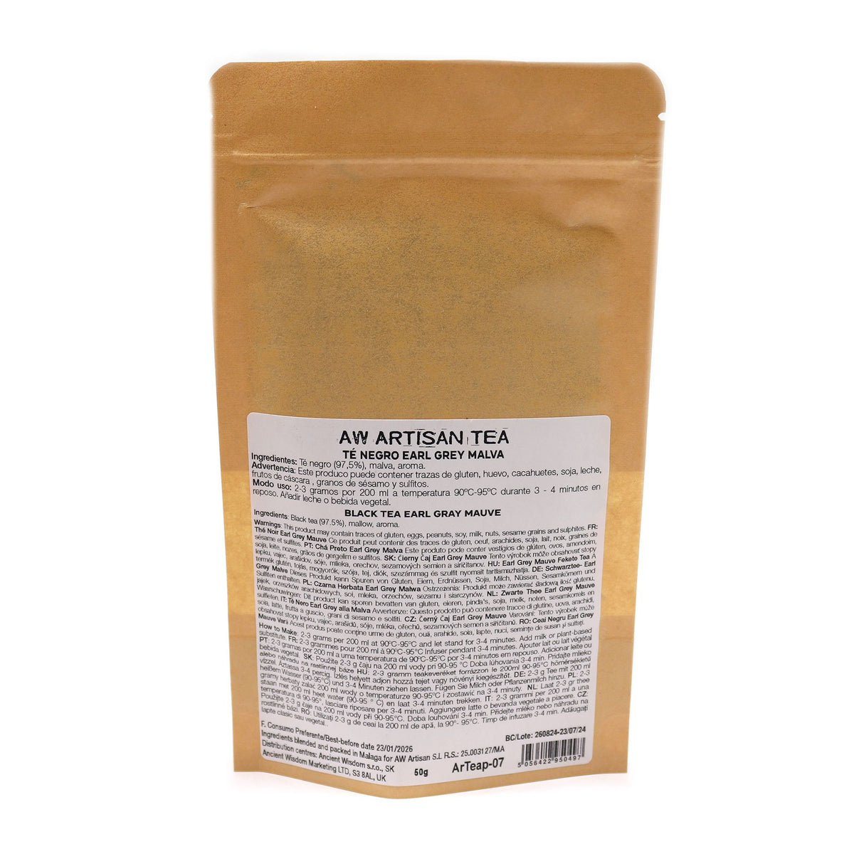 Rückseite der Teeverpackung mit Zutaten und Zubereitungsempfehlung für Earl Grey Malva