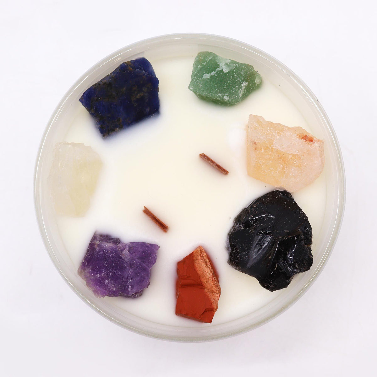 Große Chakra Kristallkerze – Sieben Chakras | Sojakerze mit 7 Edelsteinen