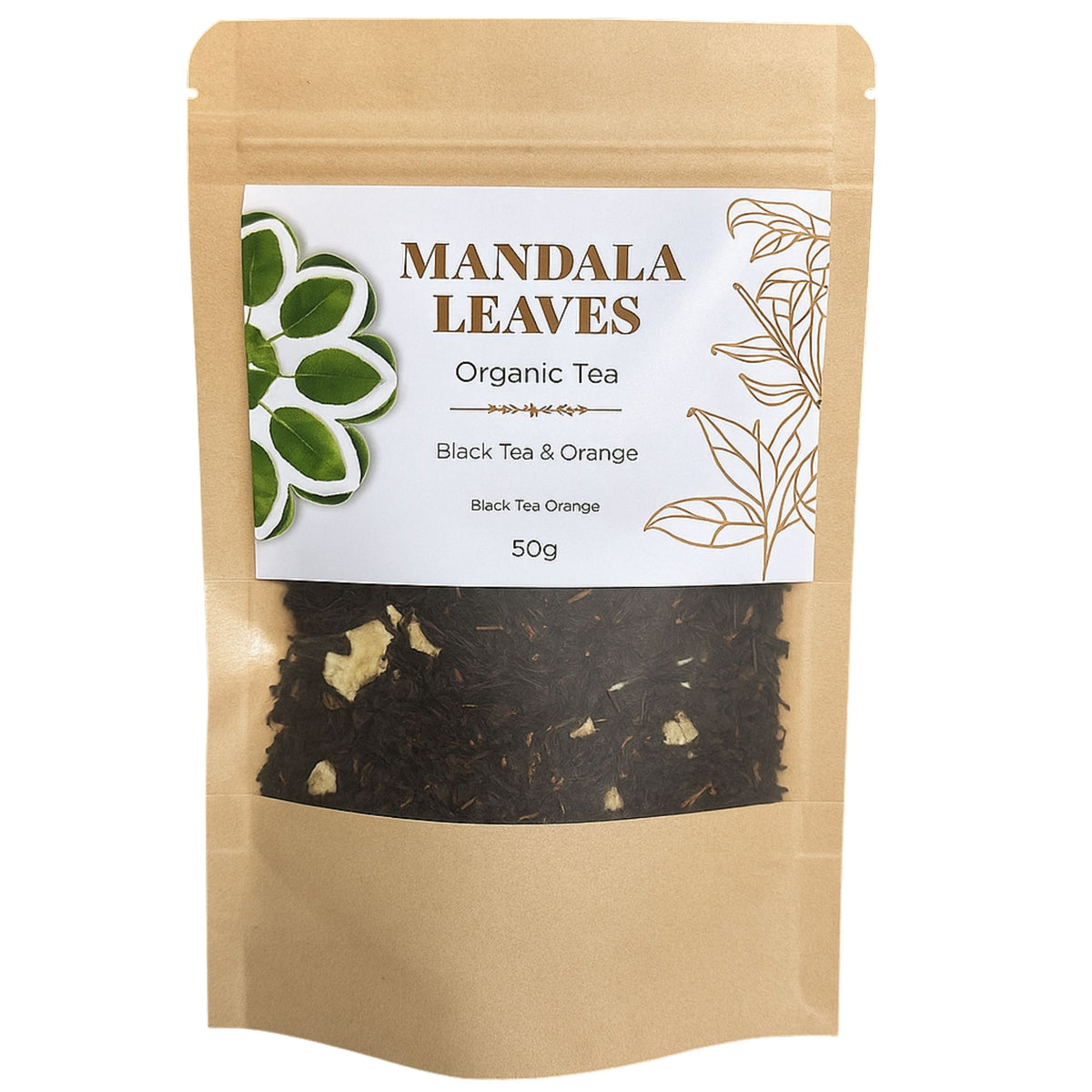 Vorderansicht der Mandala Leaves Bio-Schwarztee Packung mit Orange und Gewürzen in einer umweltfreundlichen Kraftpapier-Tüte