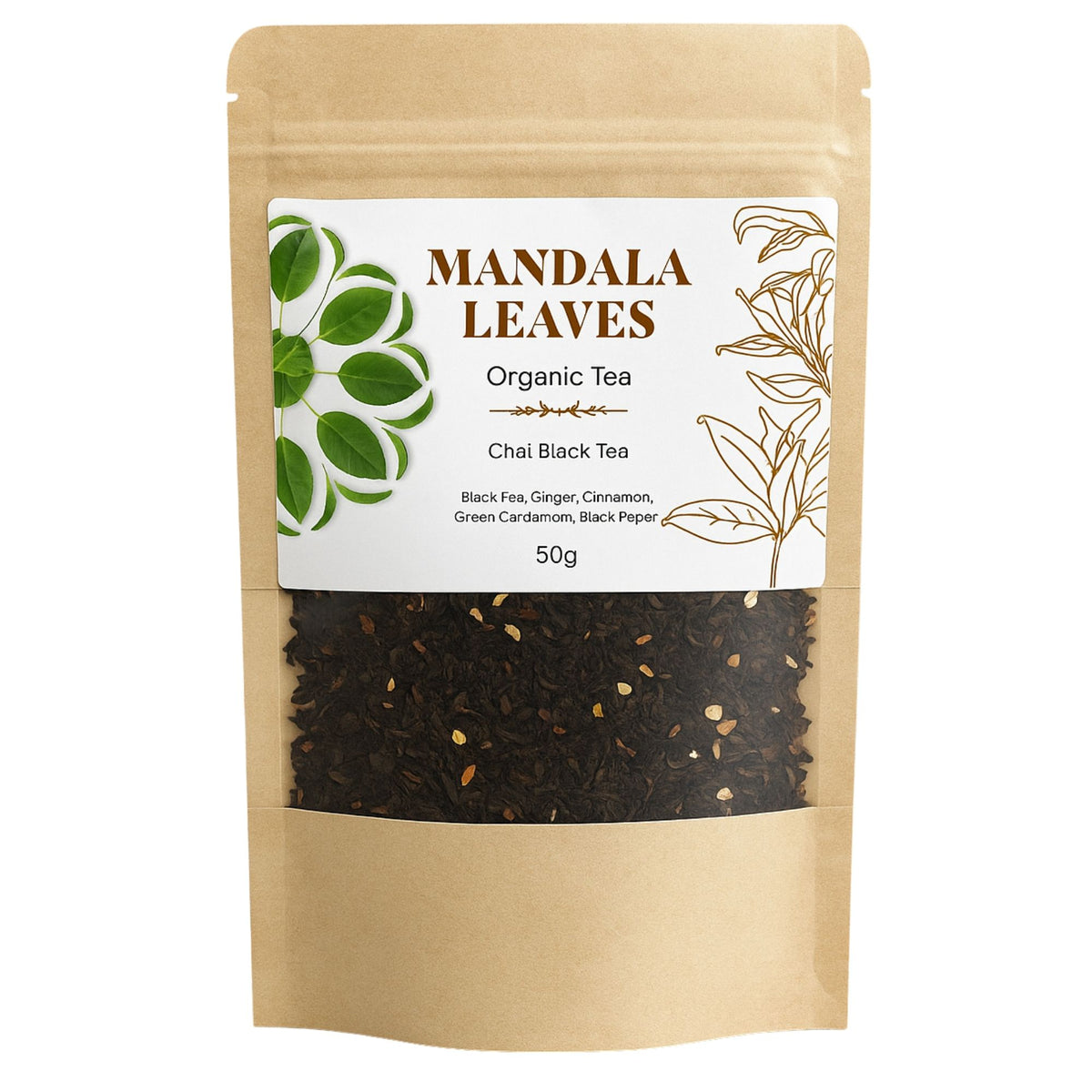 Vorderansicht eines aromadichten Kraftpapier-Beutels mit losem Bio Chai Schwarztee, verfeinert mit Ingwer, Zimt und Kardamom, ideal für entspannende Wellness-Momente.