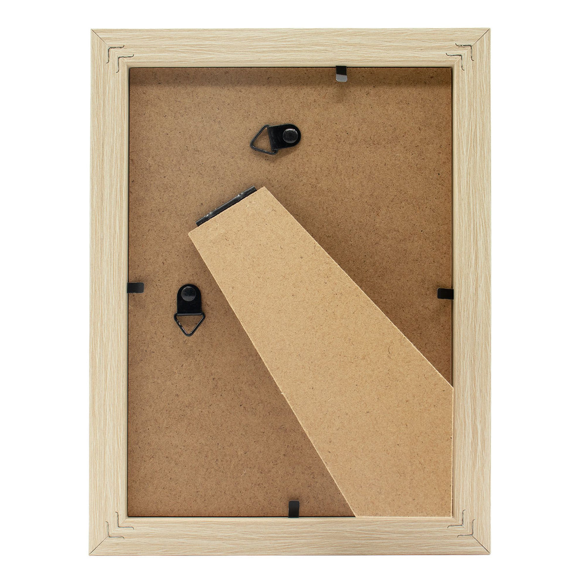 Die Rückseite des Holzrahmens zeigt den stabilen Klappständer zum Aufstellen und die praktischen Haken zum Aufhängen der Bilder.