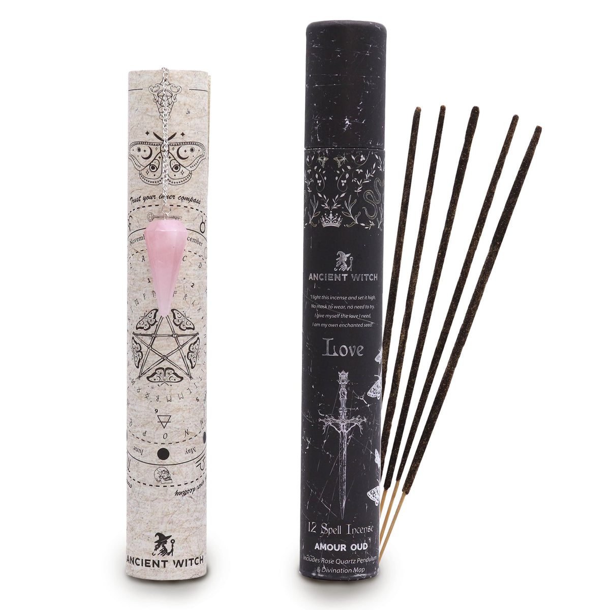 Ancient Witch Spell Incense – Love | Räucherstäbchen mit Rosenquarz-Pendel