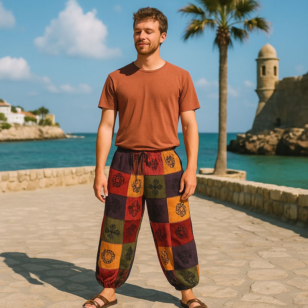 Ein entspannter Mann trägt die orange-braune Nomad Sari Mushroom Pants bei Sonnenschein am Meer.