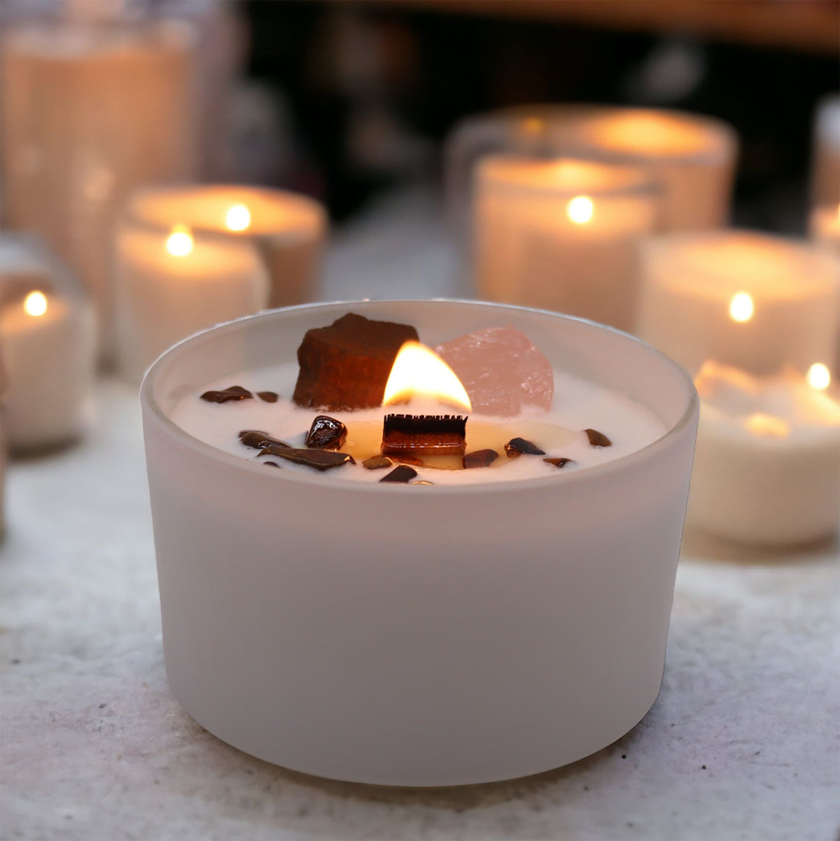 Chakra Kristallkerze – Sakralchakra | Sojakerze mit Edelsteinen