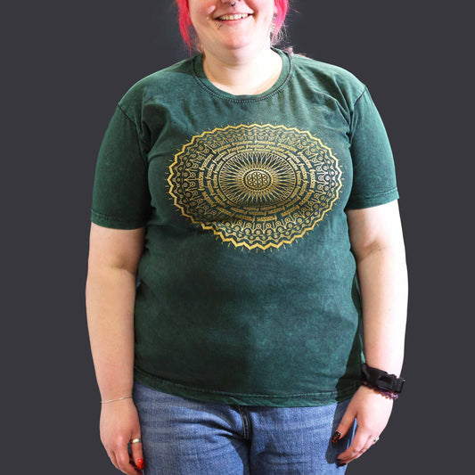 Nomad Sari Stonewashed T-Shirt – Mandala – Grün – Größe XL