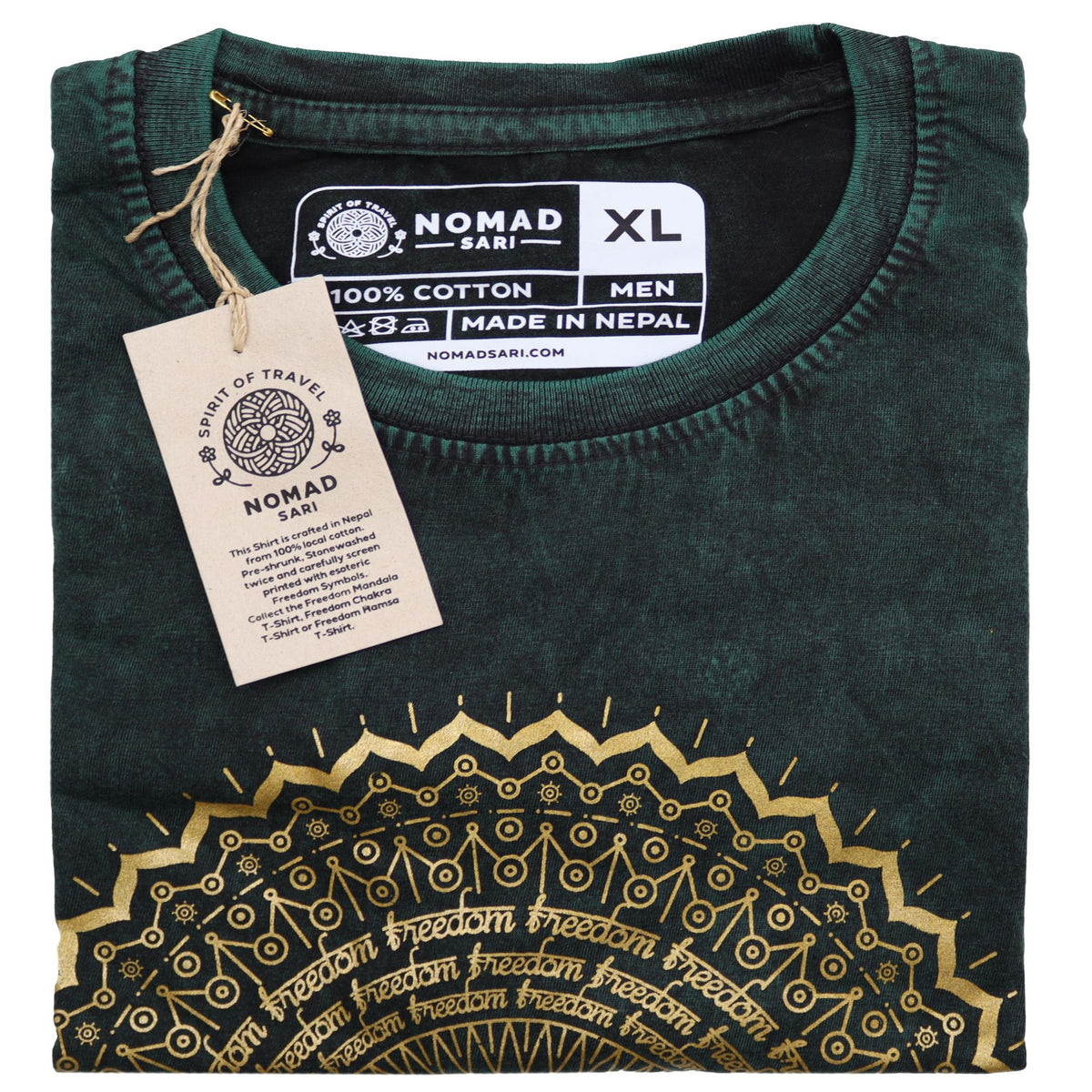 Nomad Sari Stonewashed T-Shirt – Mandala – Grün – Größe XL