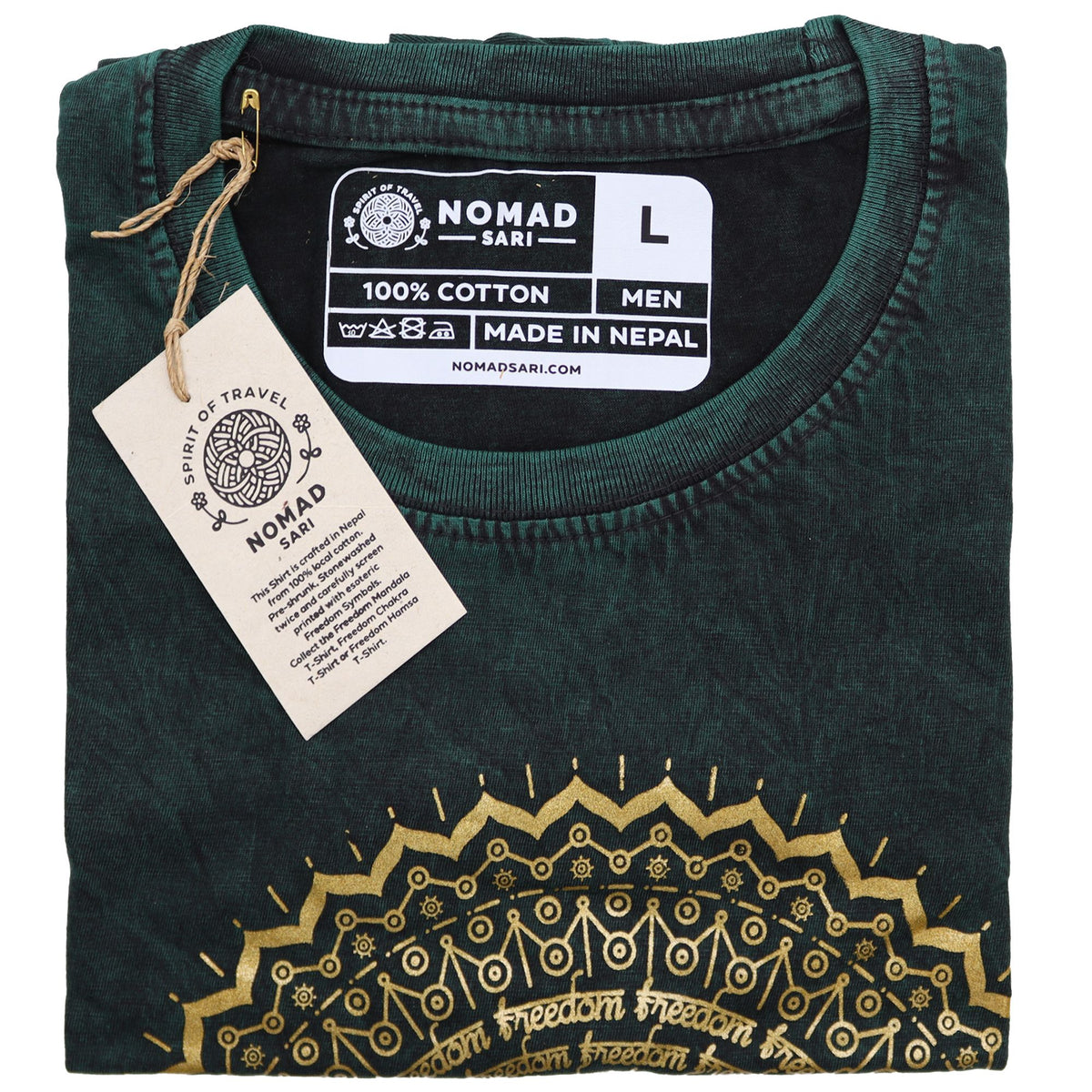 Nomad Sari Stonewashed T-Shirt – Mandala – Grün – Größe L