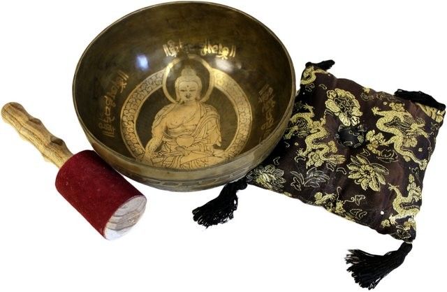 Tibetische Klangschale Goldener Buddha – Premium Geschenkset 19cm
