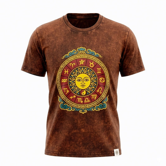 Nomad Sari Stonewashed T-Shirt – Sonne & Tierkreis – Braun – Größe M
