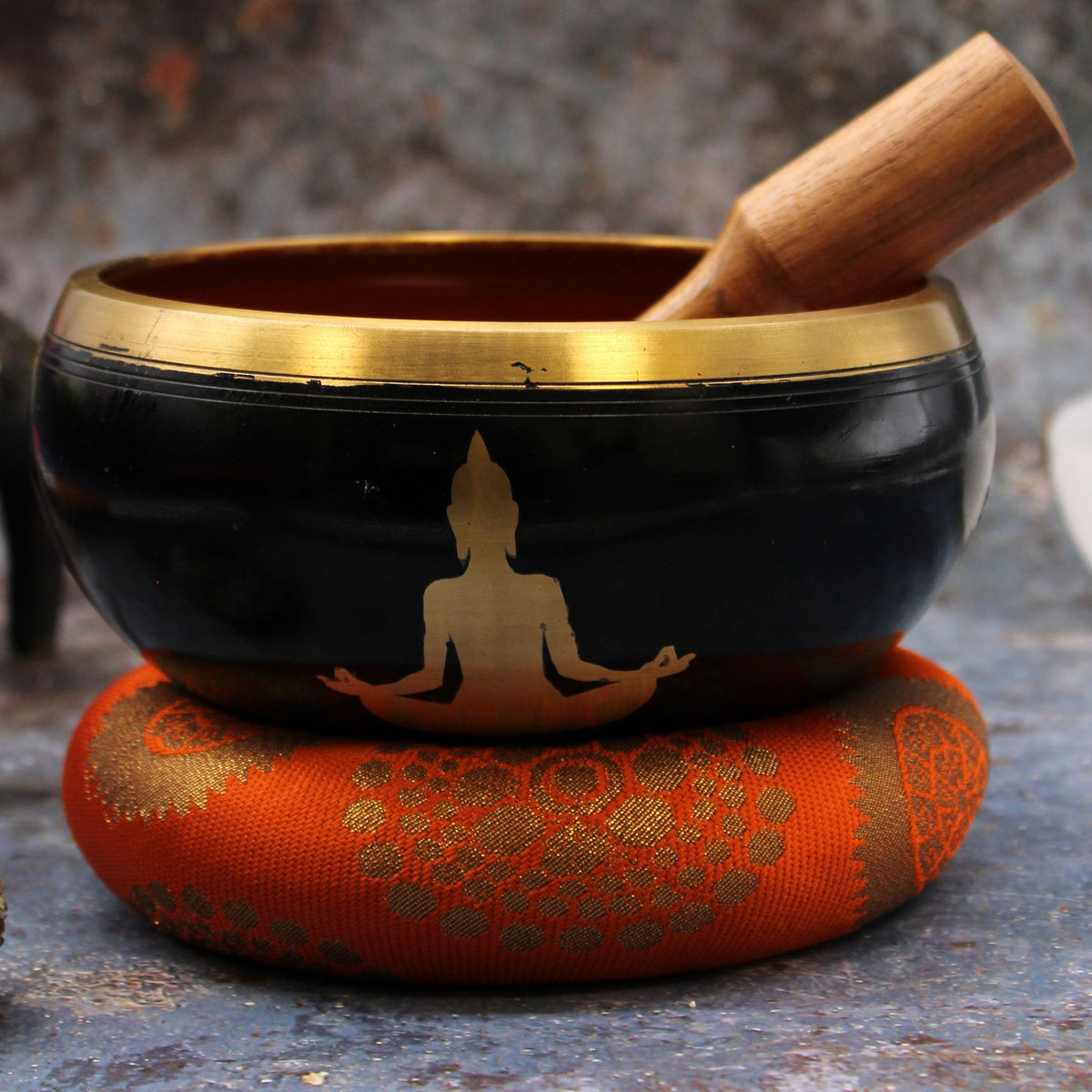 Tibetische Klangschalen-Set Buddha – Schwarz/Orange 14cm (Groß)