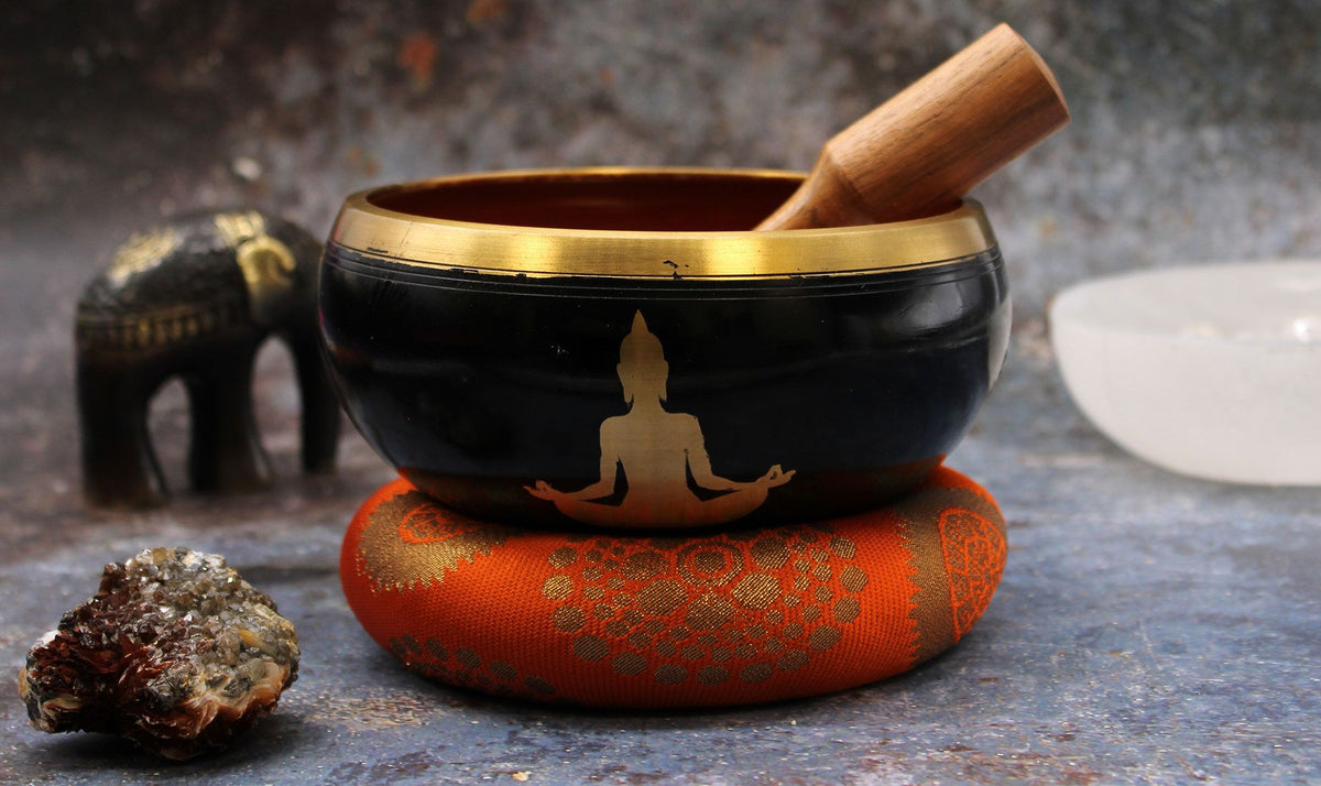 Tibetische Klangschalen-Set Buddha – Schwarz/Orange 14cm (Groß)