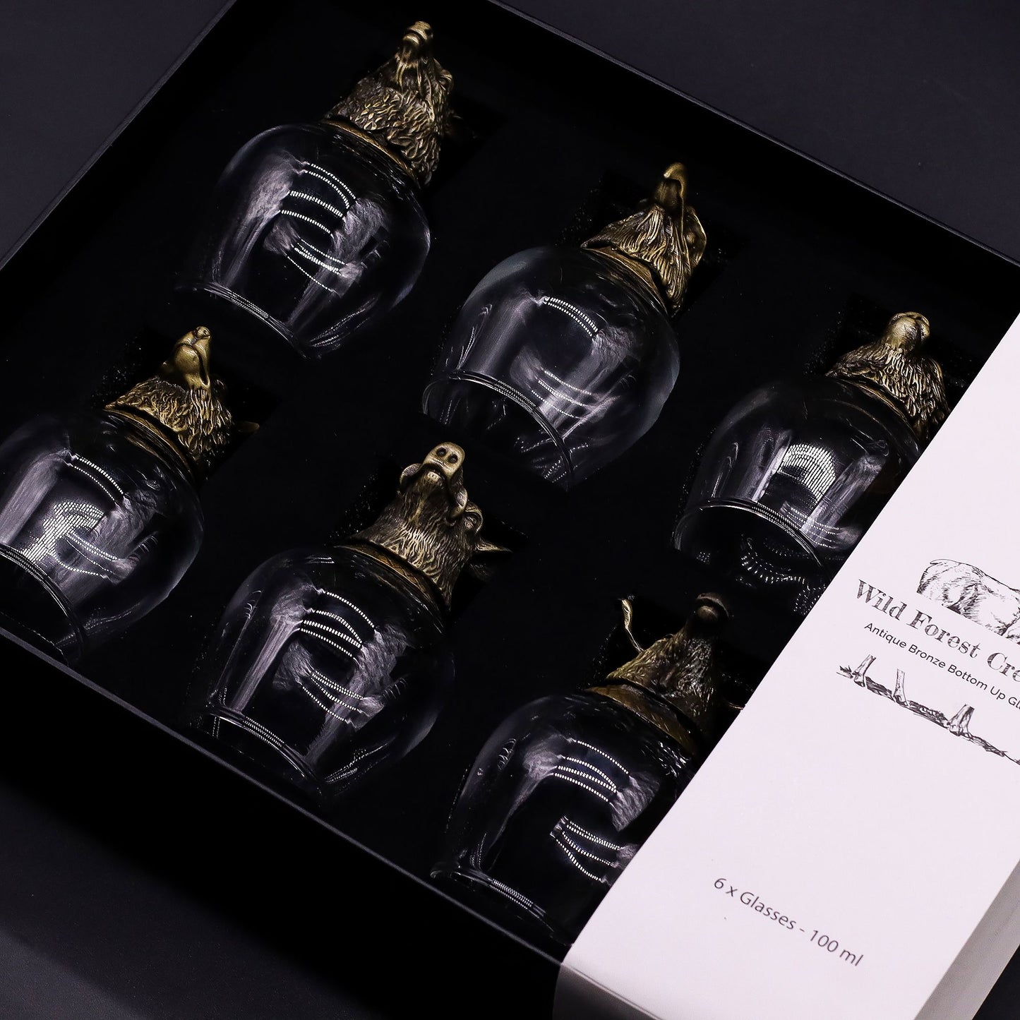Gläser Geschenkset 6-teilig (100ml) – Wilde Waldtiere – Antik Bronze 🐺