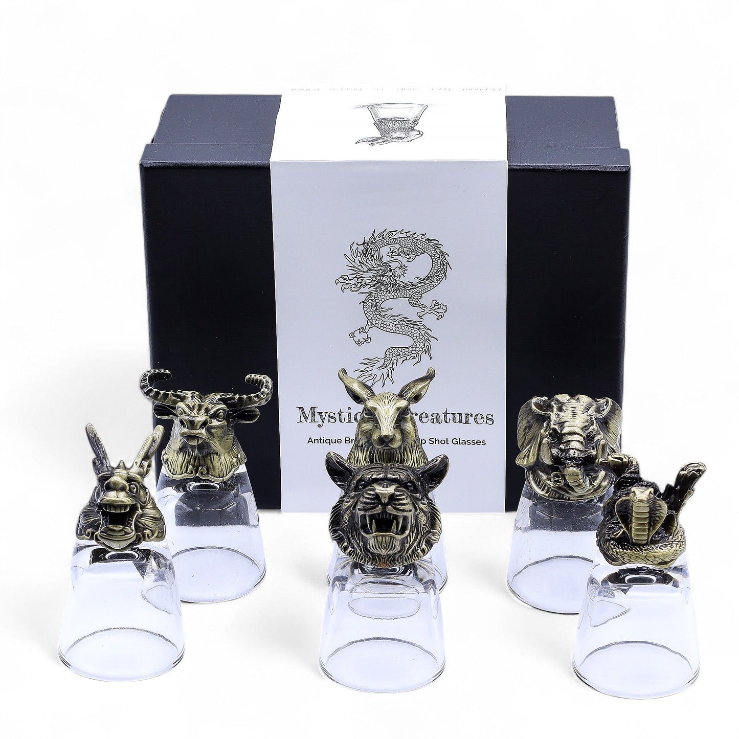 Shot Gläser Geschenkset 6-teilig (50ml) – Mystische Tiere – Antik Bronze 🐉