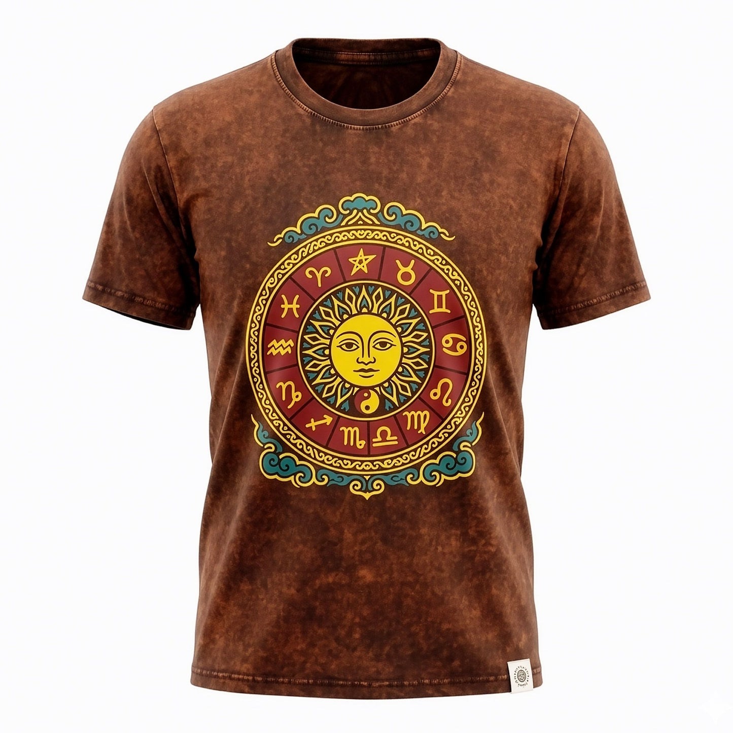 Nomad Sari Stonewashed T-Shirt – Sonne & Tierkreis – Braun – Größe L