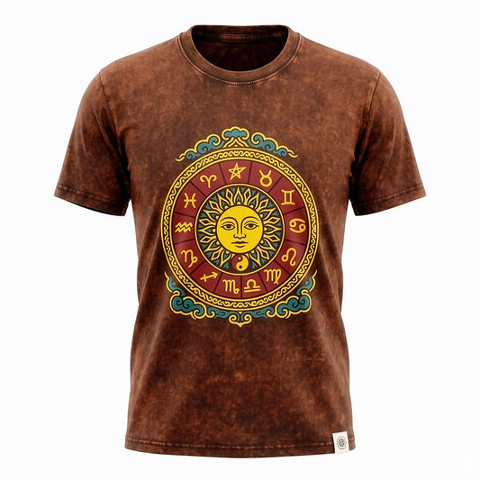 Nomad Sari Stonewashed T-Shirt – Sonne & Tierkreis – Braun – Größe L