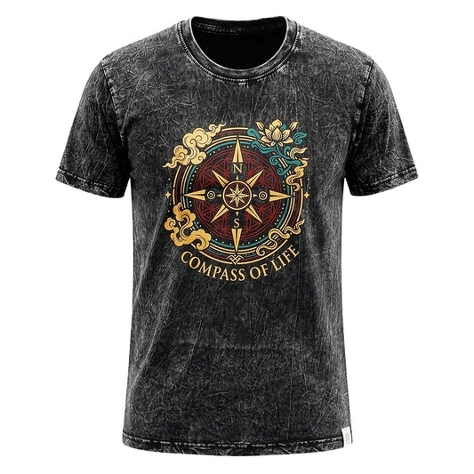Nomad Sari Stonewashed T-Shirt – Kompass des Lebens – Anthrazit –GroBe L