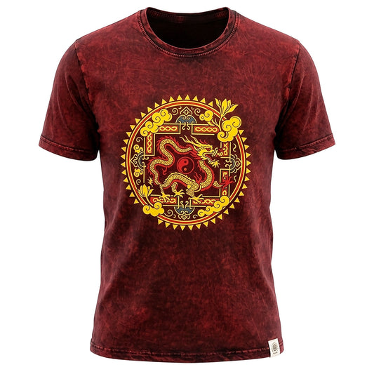 Nomad Sari Stonewashed T-Shirt – Drachen-Mandala – Weinrot – Größe XL