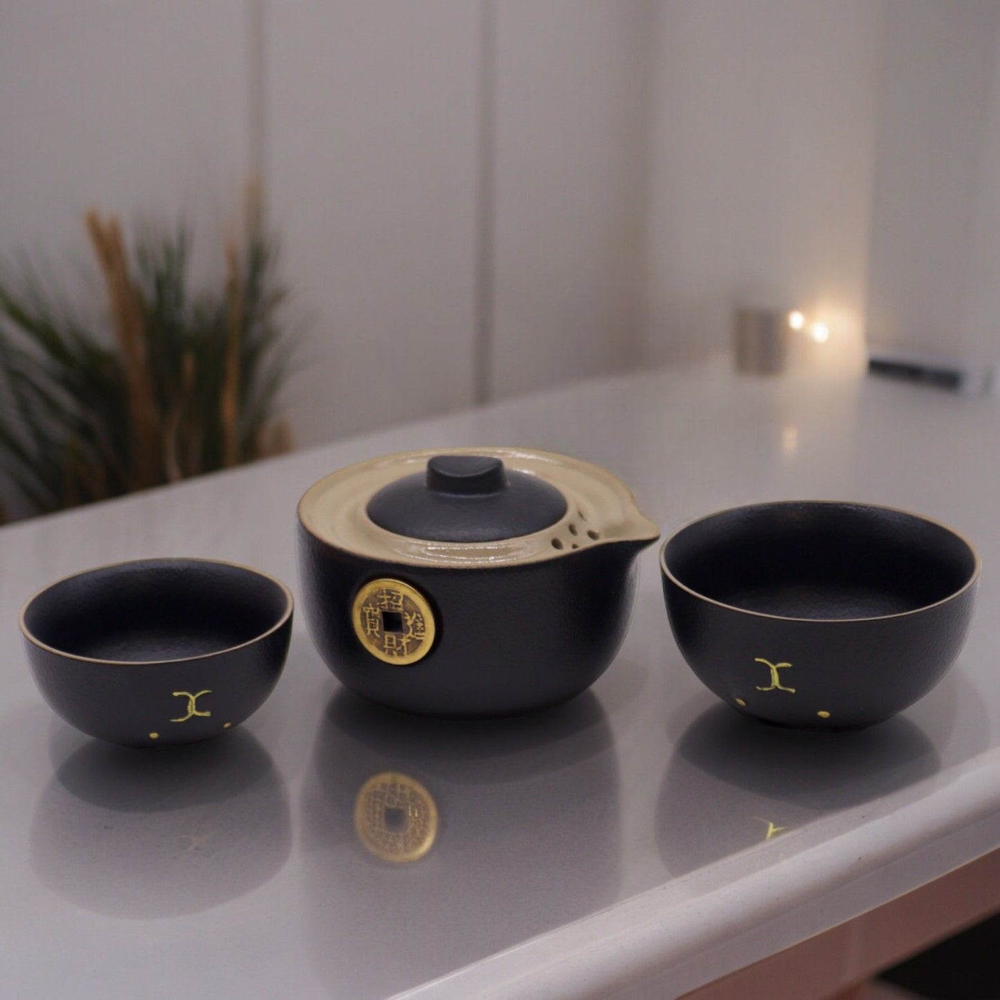 Glückskatzen Teekannen-Set & 2 Tassen – Schwarz Gold