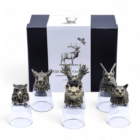 Shot Gläser Geschenkset 6-teilig (50ml) – Wilde Waldtiere – Antik Bronze 🐺