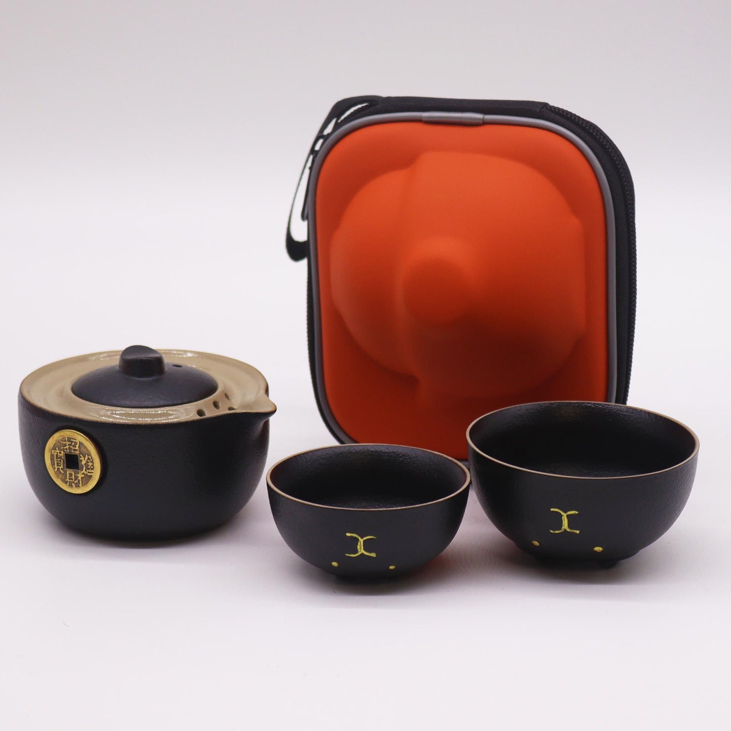 Glückskatzen Teekannen-Set & 2 Tassen – Schwarz Gold