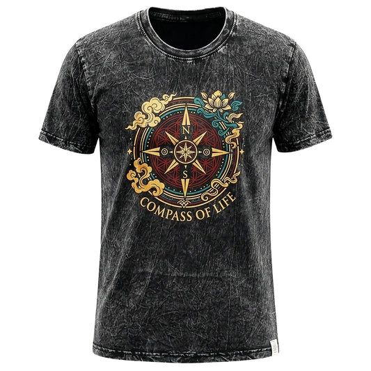 Nomad Sari Stonewashed T-Shirt – Kompass des Lebens – Anthrazit – Größe XL