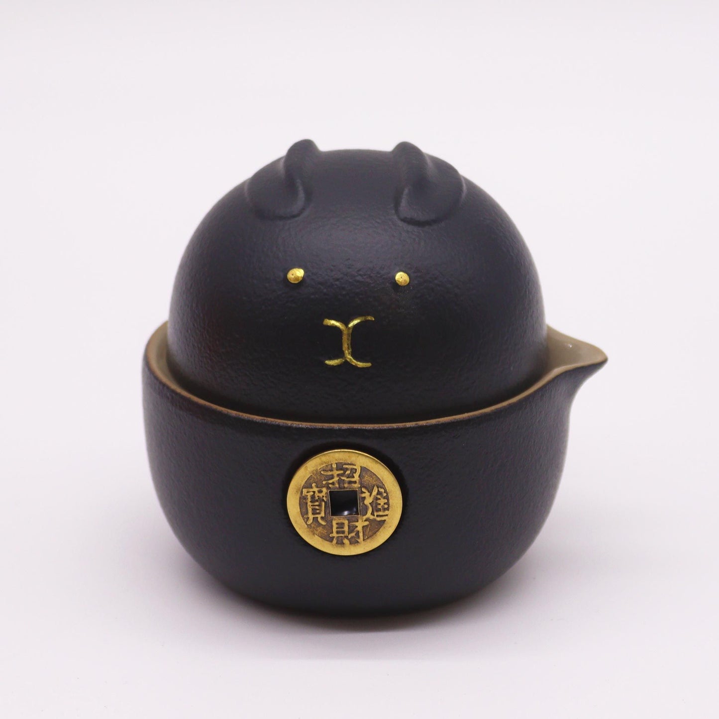 Glückskatzen Teekannen-Set & 2 Tassen – Schwarz Gold
