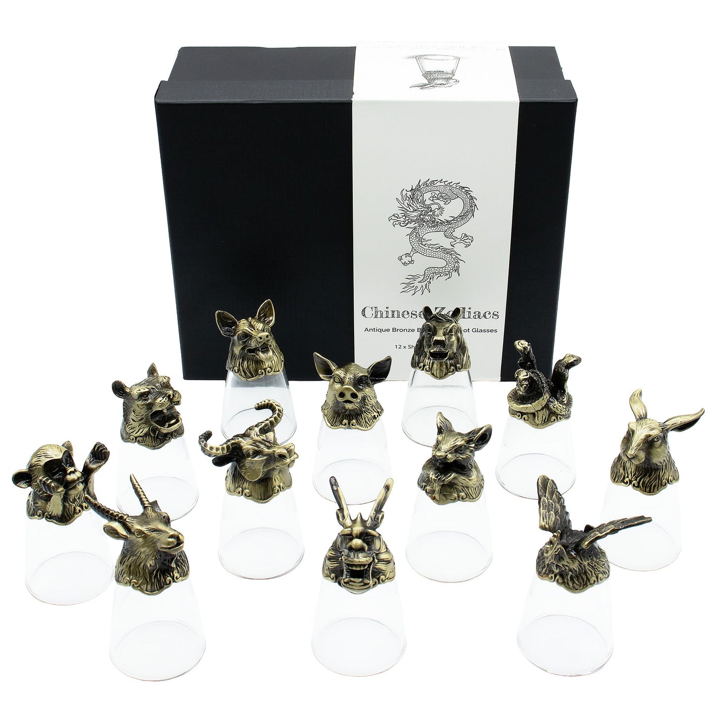Shot Gläser Set 12-teilig (25ml) – Chinesischer Tierkreis – Antik Bronze 🐉