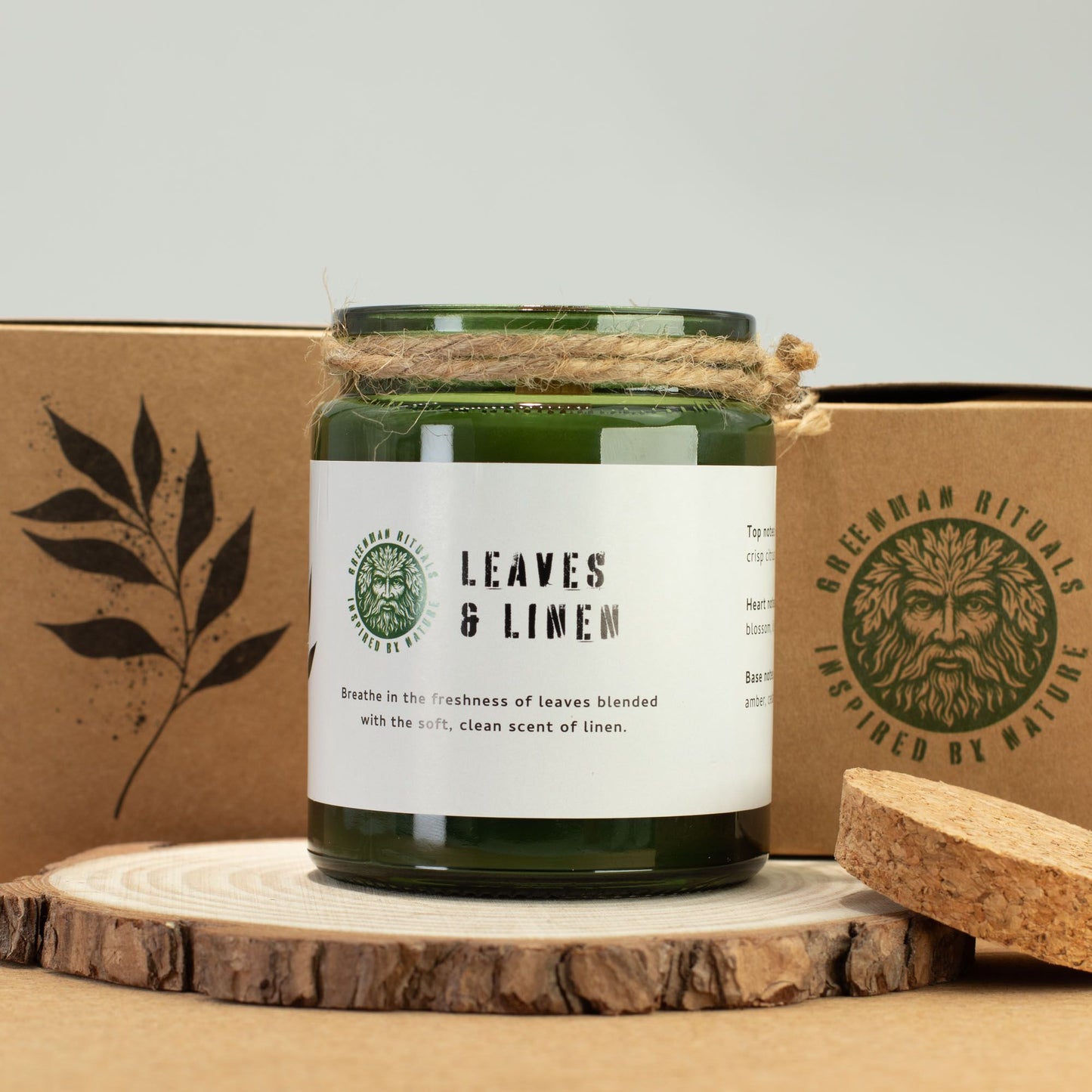 Greenman Holzdocht-Sojakerze - Leaves and Linen