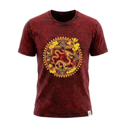 Nomad Sari Stonewashed T-Shirt – Drachen-Mandala – Weinrot – Größe S