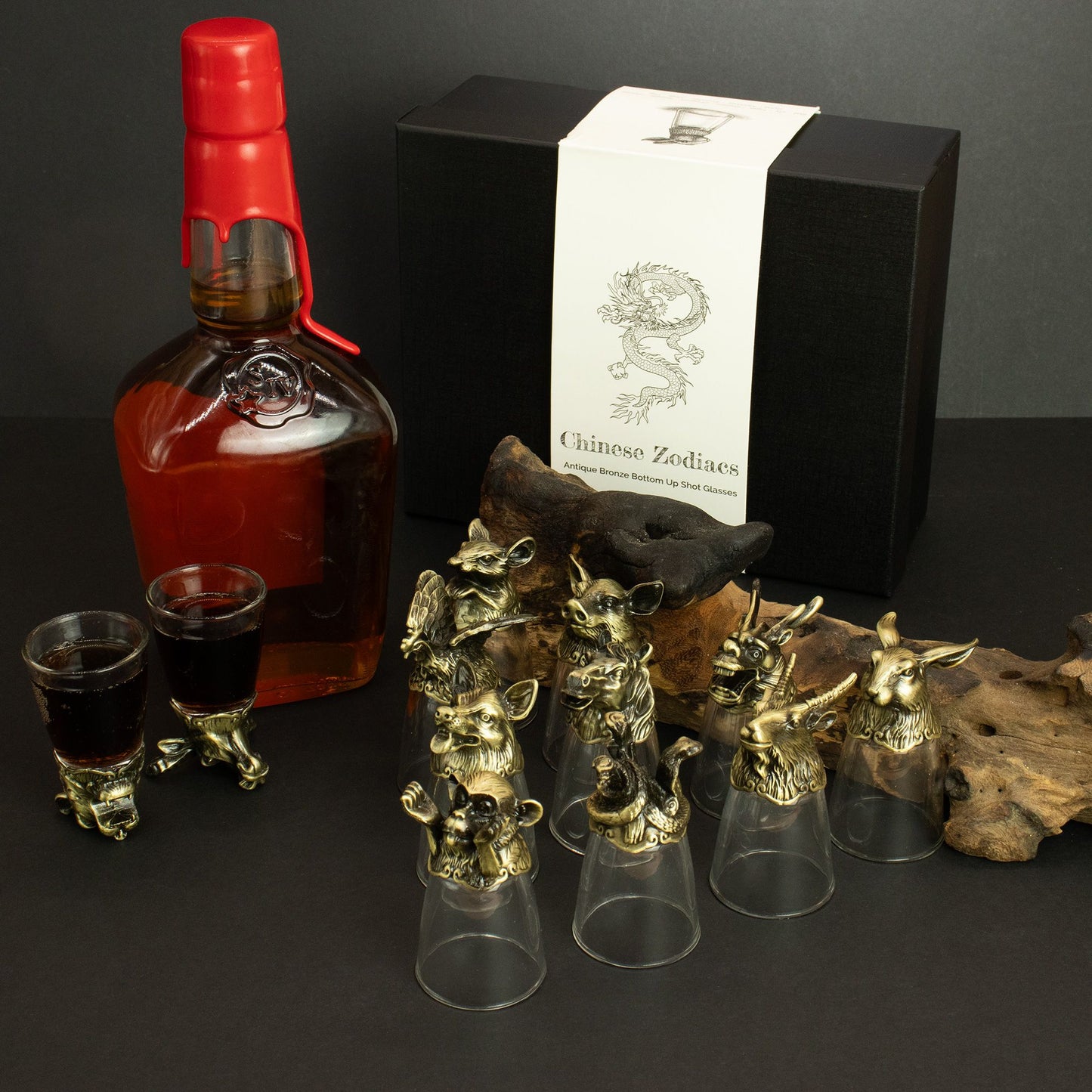 Shot Gläser Set 12-teilig (25ml) – Chinesischer Tierkreis – Antik Bronze 🐉