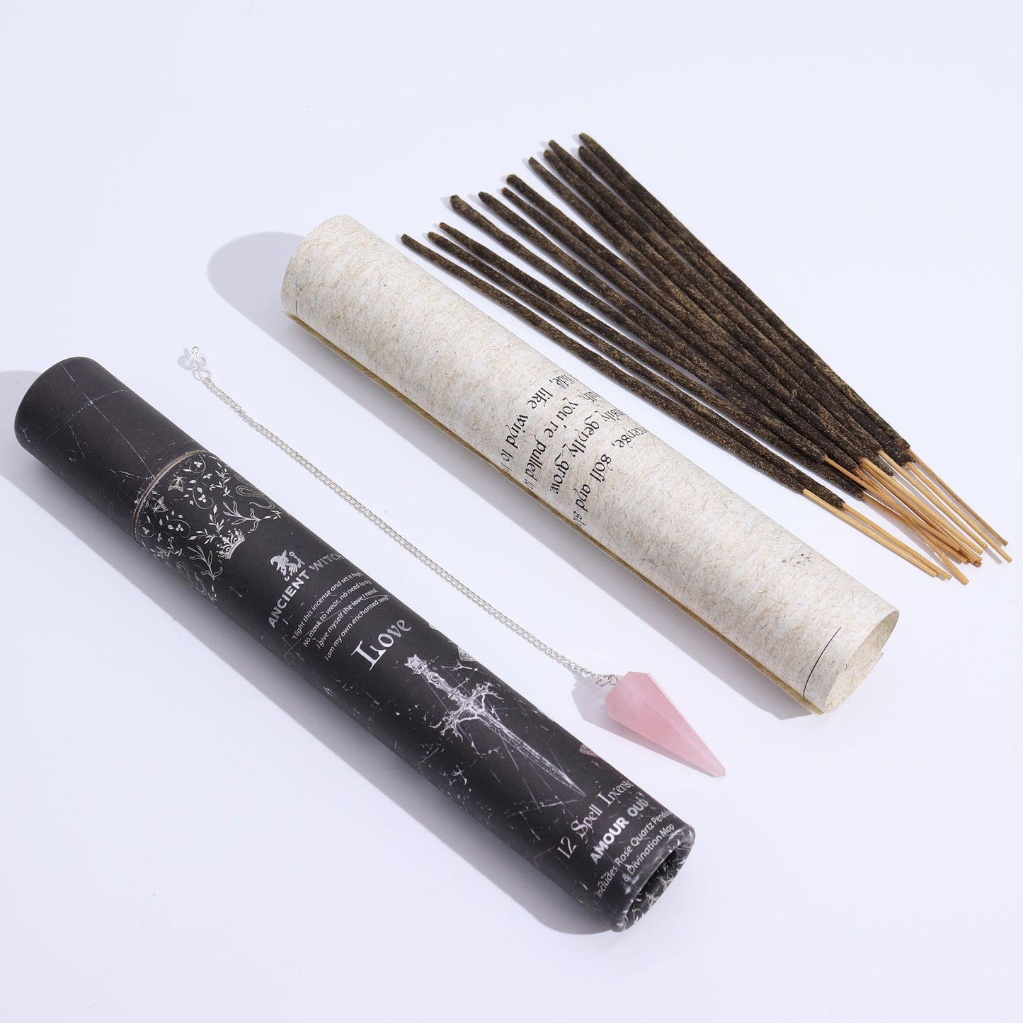 Ancient Witch Spell Incense – Love | Räucherstäbchen mit Rosenquarz-Pendel
