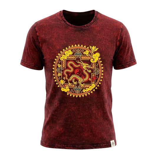 Nomad Sari Stonewashed T-Shirt – Drachen-Mandala – Weinrot – Größe M